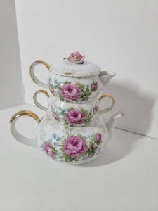 VINTAGE LEFTON PORZELLAN #885 STAPELBARE TEEKANNE SET ROSEN & GOLDRAND / ZUCKERKÄNNCHEN - Bild 1 von 9