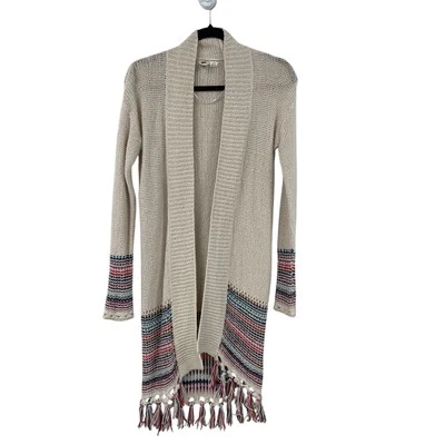 Roxy Open Front Fringe Trim Cream Knit Long Cardigan Sweater Womens Medium - Image 1 of 4