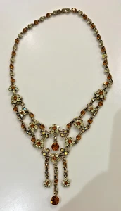Collana bavaglino strass ambra vintage anni 50 tono oro festone goccia 17" - Foto 1 di 11