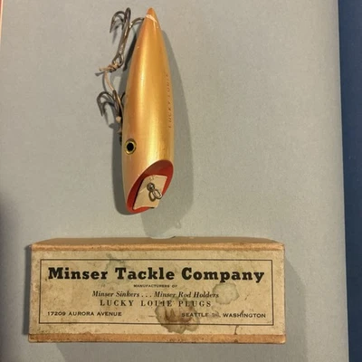 Винтажная Minser Tackle Company ДЕРЕВЯННАЯ ТУББИ 5 дюймов Lucky Louie. Коробка и ремень! - Изображение 1 из 4