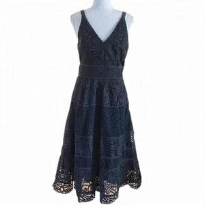 ADELYN RAE BLACK LACE EMBROIDERY OVERLAY SLEEVELESS FIT & FLARE MIDI DRESS - Picture 1 of 9