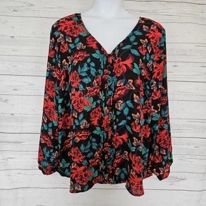 Torrid Womens Top Sz 4 Black Red Foral Long Sleeve Pintuck V-Neck - Picture 1 of 5