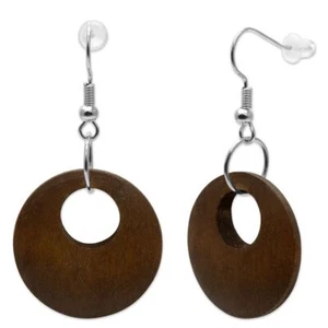 braune Vintage Holzohrringe Ohrhänger Holz Boho Ethno Holzschmuck natürlich rund - Bild 1 von 1