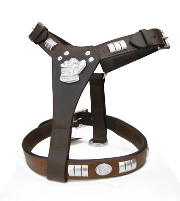 STAFFY DESIGNER LEATHER DOG HARNESS WITH DOG MOTIFF FULLY PADDED CHROME FITTING - Image 1 of 4