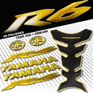 CHROMED GOLD PRO GRIP FUEL TANK PAD+8" YAMAHA LOGO+YZF-R6 FAIRING EMBLEM STICKER - Picture 1 of 9