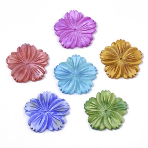 5pcs Natural Shell Flower Dyed Beads Carved Flat Charms Mixed Color 28mm - Picture 1 of 2