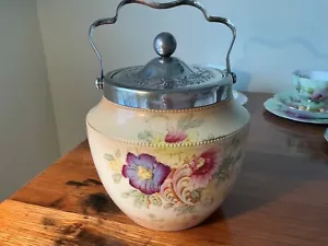 Antique Edwardian English Crown Devon hand painted biscuit barrel EPNS mount - Picture 1 of 8