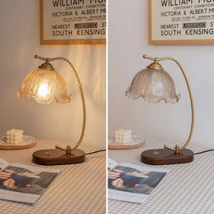 Elegant Flower Glass Bedside Table Lamp Antique Bedside Night Stand Bedroom Deco - Picture 1 of 37