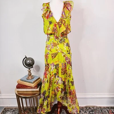 Saloni Rita Midi Dress Silk Georgette Floral Ruffle Size 2 Lime Green Colorful - Image 1 of 4