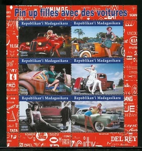 MADAGASCAR 2022 PINUP GIRLS WITH CARS SHEET OF SIX MINT NEVER HINGED - Picture 1 of 1