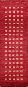 Modern Geometric Gabbeh Oriental Runner Rug Hand-knotted Wool 3x8 ft Red Carpet