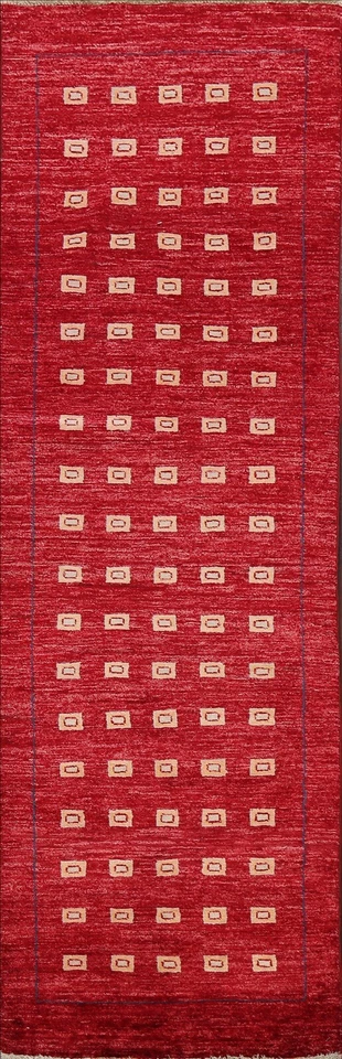 Modern Geometric Gabbeh Oriental Runner Rug Hand-knotted Wool 3x8 ft Red Carpet - Image 1 of 4