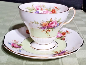EB Foley 1850 Beautiful Flowers White, Green & Gold Tea Cup & Saucer Set England - Picture 1 of 15