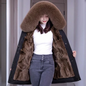 Womens Hooded Real Fox Fur Collar Detachable Lined Mid Long Knee Coat Parka Warm - Picture 1 of 36