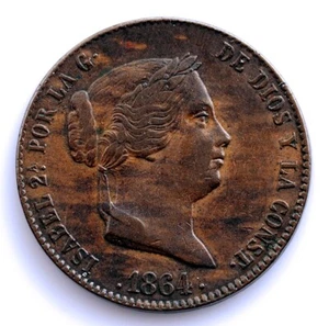 S.C. Spain-Isabel II. 25 céntimos de real 1864 Ba. BARCELONA Cobre 9,8 g. ESCASA - Imagen 1 de 2