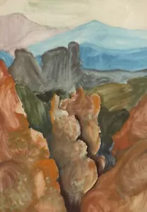 Vintage European gouache painting mountain landscape - Picture 1 of 10