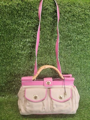 Sigrid Olsen Linen Canvas Pink Leather Purse Handbag Bamboo Handles Crossbody - Изображение 1 из 4