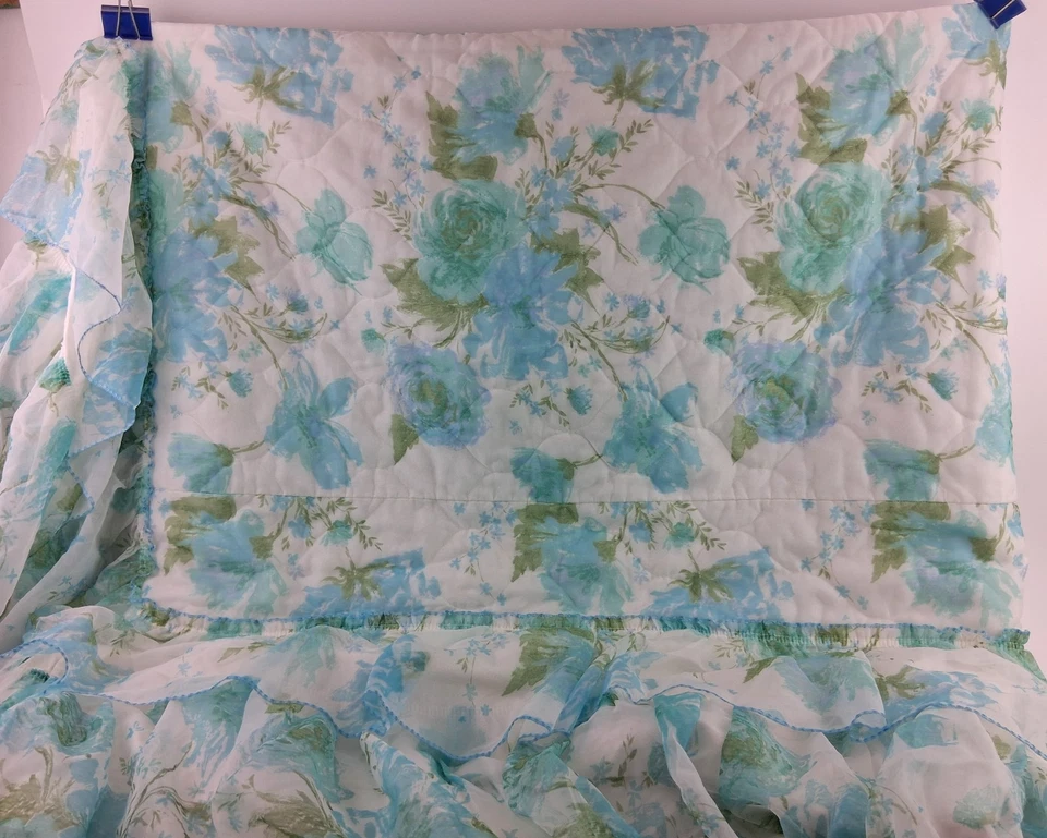Blue & White Floral w/ Sheer Ruffled Edges Twin Bed Comforter Cover Flowers Vtg - Image 1 of 4