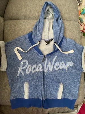 Толстовка с капюшоном Roca Wear укороченная блестящая без рукавов на молнии размер большой синий хорошее состояние б/у - Изображение 1 из 4