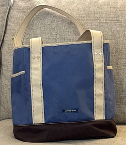 Lands End Tote Bag Black Nylon Zip Closure Medium Large Canvas Cream Straps - Picture 1 of 12