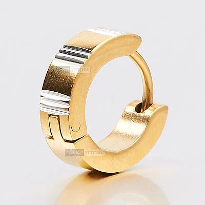 yellow gold stainless steel high polished grey stripes huggie SINGLE earring  Foto 1 de 3
