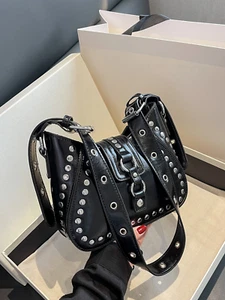 Funky Punk Steampunk Gothic Underarm Bag, Y2K Studded Motorcycle Hobo Handbag - Picture 1 of 8