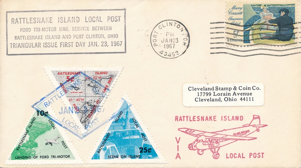 RATTLESNAKE ISLAND LOCAL POST RILP 1967 3-STAMP 5, 10 & 25 CENTS PORT CLINTON OH - Image 1 of 1