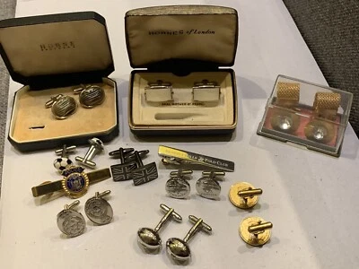 Old Vintage Cufflinks Set(mother Of Pearl, Police Etc+tie Pin+old Box - Image 1 of 4