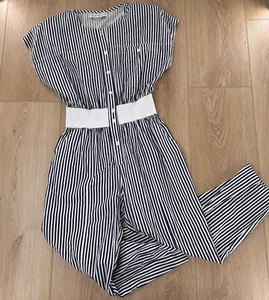 Joan Walters Sz 8 VTG 70s 80s Stripe Womens Jumpsuit Button Cinch Waist Cotton - Picture 1 of 7