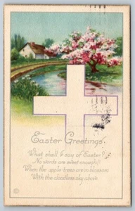 Saluti di Pasqua, Croce, Scena Rurale, Antico 1921 Stecher Litho Co Cartolina - Foto 1 di 2