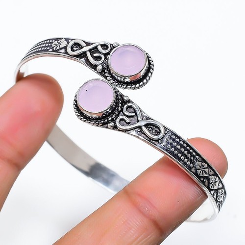 VALENTINO "Braccialetto gioielli fatti a mano argento sterling 925 pietra preziosa quarzo rosa rosa rosa taglia 7 8"