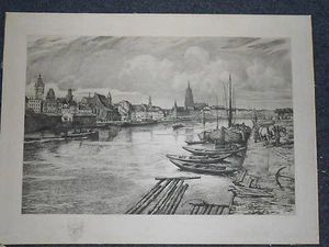 FRANKFURT am Main anno 1908 . Hafen Pferde Fuhrwerk Frachtkähne . Radierung - Bild 1 von 7