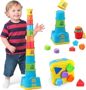 HAP-P-KID Toddler Baby Castle Stacking Nesting Cups, Infant Shape Sorting Blocks - Picture 1 of 6