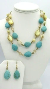 Blue Turquoise Dyed Howlite Gold Crystal Beads Layered Earrings & Necklace 19" - Picture 1 of 8