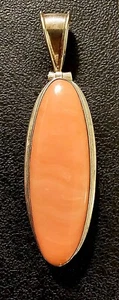 VINTAGE STERLING SILVER 925 JKI LARGE PINK CORAL MEXICO OVAL Pendant - Picture 1 of 4