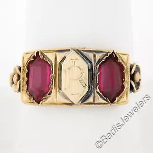 Antique Victorian 18K Rosy Yellow Gold Lozenge Kite Red Stone Signet Band Ring - Picture 1 of 8