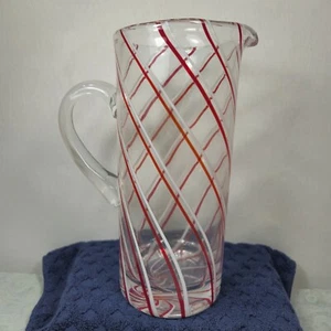 Hand Blown Glass Pitcher Vintage Red White Swirl Ribbon Stripe Tall Art Style - Bild 1 von 6
