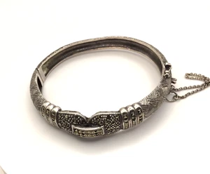 Vintage Art Deco Sterling Silber 925 Markasiten Armreif Armband Sicherheitskette - Bild 1 von 11
