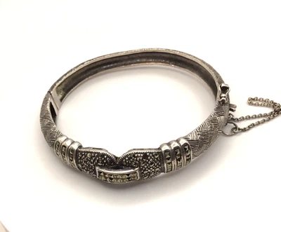 Vintage Art Deco Sterling Silver 925 Marcasite Bangle Bracelet Safety Chain - Image 1 of 4