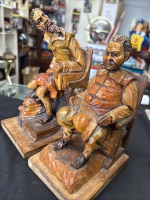 Vintage Hand Carved Wood Bookends Don Quixote Sancho Panza? Spanish 23/20cm - Image 1 of 4
