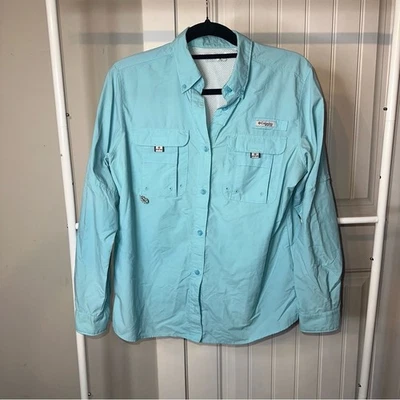 Camisa Columbia tamanho pequeno pesca ao ar livre PFG azul claro com botões - Imagem 1 de 4