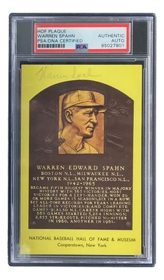 Warren Spahn Signed 4x6 Milwaukee Braves Hall Of Fame Plaque Card PSA/DNA - Image 1 of 4