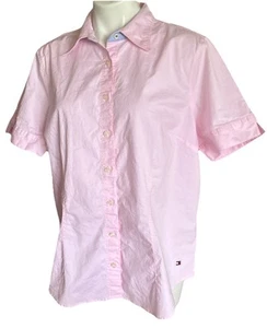 Camisa Y2K Preppy Rosa Claro Abotonada Manga Corta Muesca Para Mujer 16 Tommy Elastizada - Imagen 1 de 8