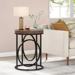 20 in. Marble White Round Wood End Table with Gold O-shaped Rustic Brown Modern - Picture 1 of 5