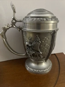 Vintage Zinn La Paloma Relief Meerjungfrau Kelch Schiffe Kunstwerk Bier Stein Tasse Becher - Bild 1 von 14