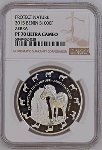 2015 Benin 1oz Silver Proof Protection of Nature Zebra 1000 Francs NGC PF 70 UC - Picture 1 of 2