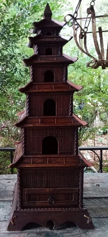 Vintage ASIAN PAGODA WOODEN BIRD HOUSE HOME DECOR Ornate SIX TIERED 27" x 10" Cover