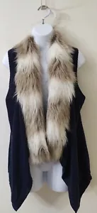 Skies Are Blue Long Tunic Open Sweater Vest Faux Fur Collar Blue Small - Picture 1 of 11