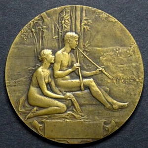 MALE & FEMALE NUDE Antique MUSIC Bronze Medal PLAQUETTE Medallion / CH. PILLET - Picture 1 of 3