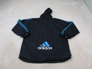 VINTAGE Adidas Jacket Mens Extra Large Black Blue Windbreaker Hooded Coat Adult*